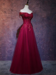 Prom Dresses For Short People, Wine Red Tulle Sweetheart Long Prom Dress, A-line Party Dress