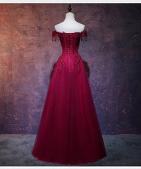 Prom Dressed Short, Wine Red Tulle Sweetheart Long Prom Dress, A-line Party Dress