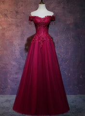 Prom Dresses Pieces, Wine Red Tulle Sweetheart Long Prom Dress, A-line Party Dress