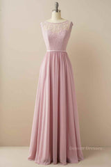 Prom Ideas, Wisteria A-line Illusion Lace Cap Sleeves Chiffon Long Prom Dress