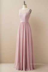 Cute Summer Dress, Wisteria A-line Illusion Lace Cap Sleeves Chiffon Long Prom Dress