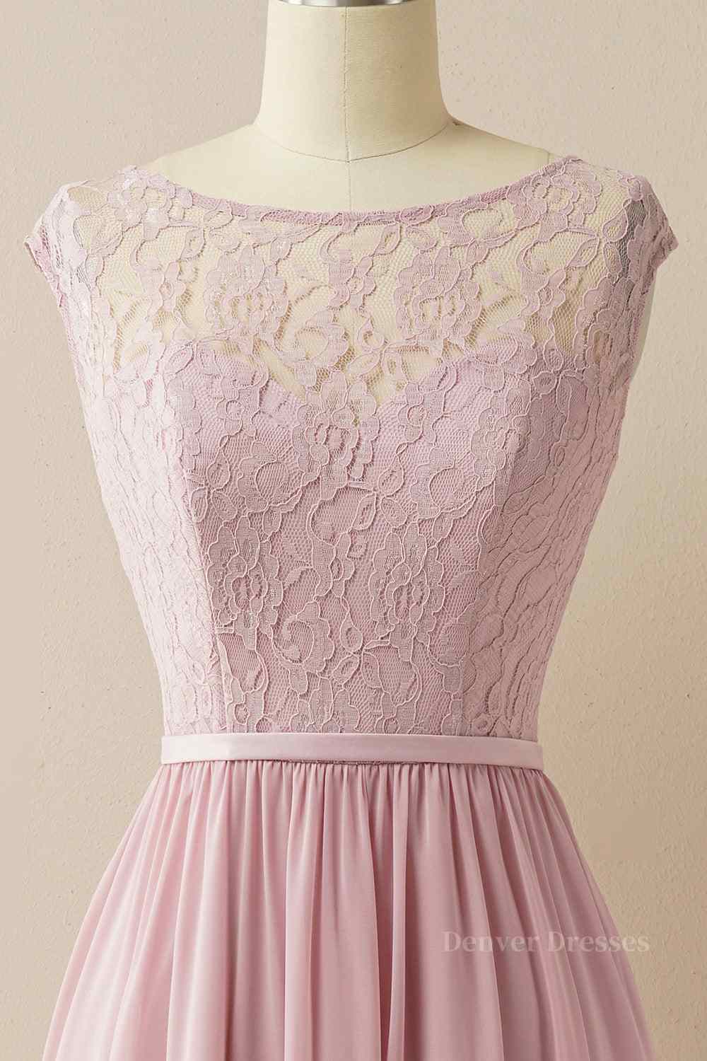 Formal Dress Short, Wisteria A-line Illusion Lace Cap Sleeves Chiffon Long Prom Dress