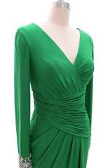 Red Prom Dress, Women Long Mother of Bride Dresses Green Grey Long Sleeve V Neck Evening Dress