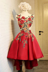 Prom Dress Corset, A Line Red Appliques Lace High Low Lace Up Satin Scoop Homecoming Dresses