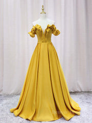 Wedding Ideas, Yellow A-line Satin Long Prom Dress, Yellow Formal Dress