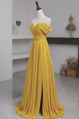 Prom Dress Off The Shoulder, Yellow Chiffon Long A-Line Prom Dress, Simple Yellow Evening Dress with Slit
