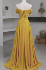 Prom Dress Long Quinceanera Dresses Tulle Formal Evening Gowns, Yellow Chiffon Long A-Line Prom Dress, Simple Yellow Evening Dress with Slit