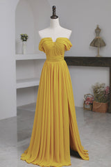 Prom Dress Blue Long, Yellow Chiffon Long A-Line Prom Dress, Simple Yellow Evening Dress with Slit