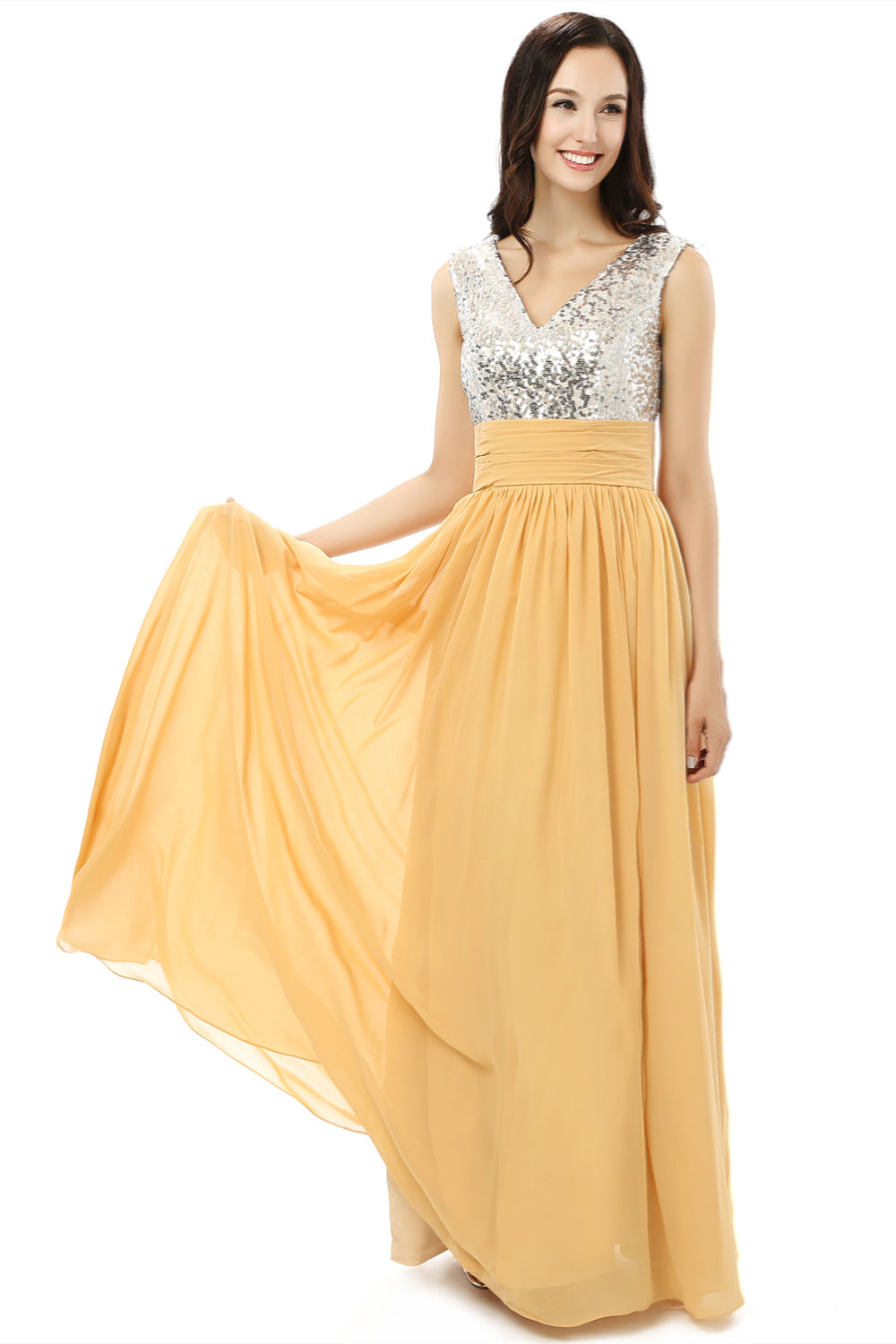 Bridesmaid Dress Style Long, Yellow Chiffon Silver Sequins V-neck Backless Bridesmaid Dresses