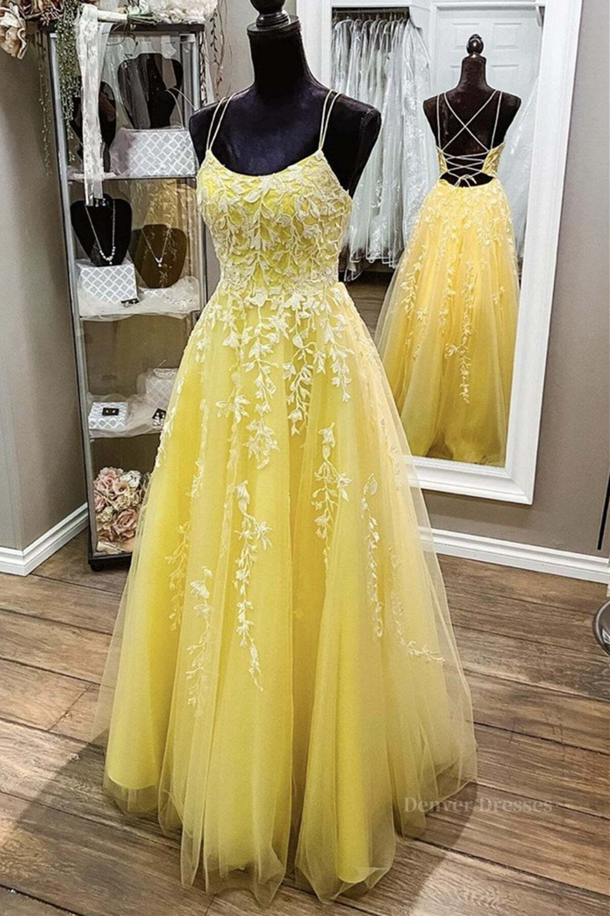 Semi Formal Outfit, Yellow Lace Backless A Line Long Prom Dress Open Back Formal Dress Yellow Evening Dress