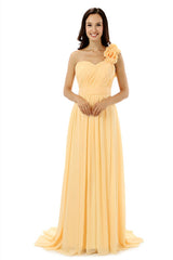 Bridesmaid Dresses Mismatched Colors, Yellow One Shoulder Chiffon With Pleats Flower Bridesmaid Dresses