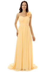 Bridesmaid Dress 2062, Yellow One Shoulder Chiffon With Pleats Flower Bridesmaid Dresses
