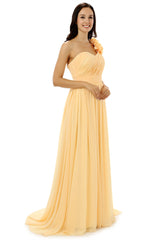 Bridesmaid Dresses Red, Yellow One Shoulder Chiffon With Pleats Flower Bridesmaid Dresses