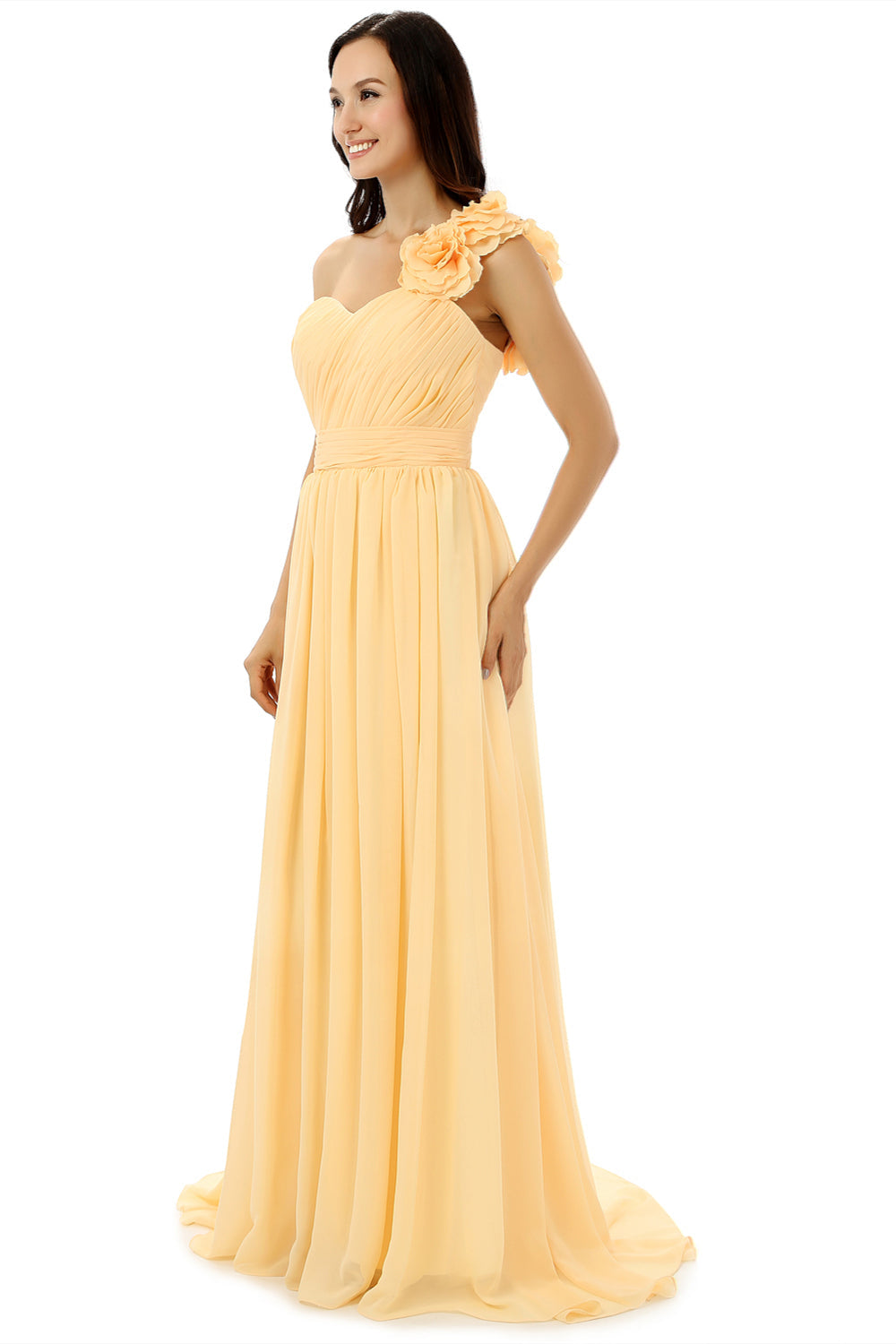 Bridesmaid Dress Shop, Yellow One Shoulder Chiffon With Pleats Flower Bridesmaid Dresses