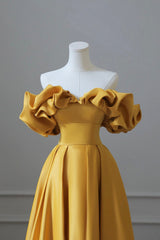 Formal Dresses Simple, Yellow Satin Long Prom Dress, Simple Off Shoulder Evening Party Dress