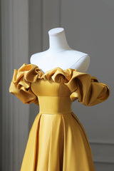 Formal Dress Simple, Yellow Satin Long Prom Dress, Simple Off Shoulder Evening Party Dress