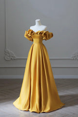 Formal Dresses Ball Gown, Yellow Satin Long Prom Dress, Simple Off Shoulder Evening Party Dress