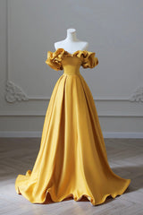 Formal Dresses 2023, Yellow Satin Long Prom Dress, Simple Off Shoulder Evening Party Dress