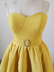 Dress, Yellow Sweetheart Neck Satin Tea Length Prom Dress, Yellow Formal Dress
