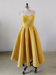 Prom Dress Black Girl, Yellow Sweetheart Neck Satin Tea Length Prom Dress, Yellow Formal Dress