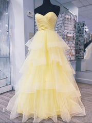 Elegant Prom Dress, Yellow Sweetheart Tulle Long Prom Dress With Layered Graduation Gown