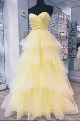 Unique Wedding Dress, Yellow Sweetheart Tulle Long Prom Dress With Layered Graduation Gown
