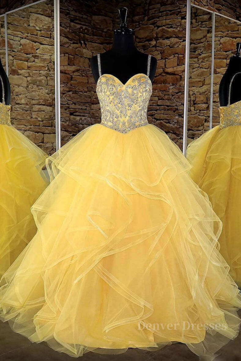 Prom Dresses Chiffon, Yellow sweetheart tulle sequin long prom dress, yellow evening dress