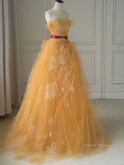 Homecoming Dresses Black Girl, Yellow tulle lace long prom dress, yellow tulle formal dress