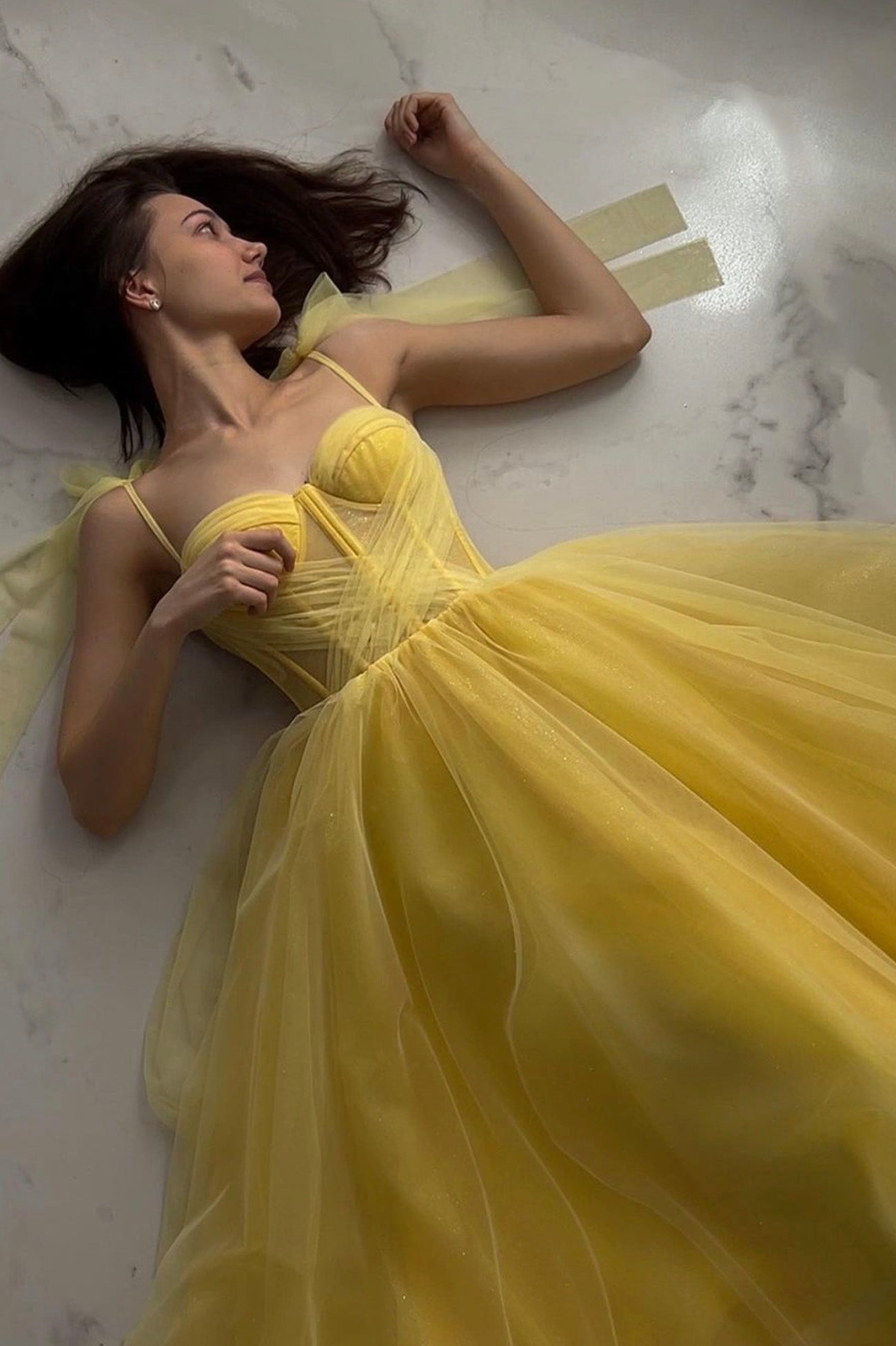 Bridesmaids Dresses Modest, Yellow Tulle Long A-Line Evening Dress, Cute Spaghetti Strap Prom Dress