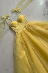 Bridesmaid Dress Modest, Yellow Tulle Long A-Line Evening Dress, Cute Spaghetti Strap Prom Dress