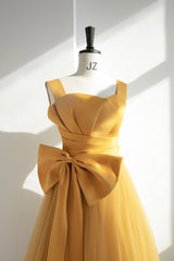 Prom, Yellow Tulle Long A-Line Prom Dress, Cute Evening Dress with Bow
