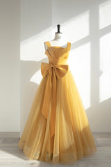 Formal Dress, Yellow Tulle Long A-Line Prom Dress, Cute Evening Dress with Bow