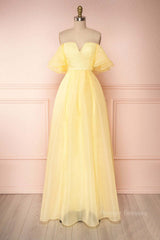 Party Dresses Teen, Yellow tulle off shoulder long prom dress yellow formal dress