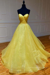 Party Dress Wedding Guest Dress, Yellow tulle sweetheart long prom dress yellow formal dress