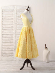 Evening Dresses V Neck, Yellow V Neck 3D Lace Tea Long Prom Dress, Yellow Evening Dress