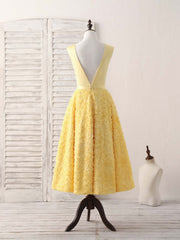 Evening Dresses Mermaid, Yellow V Neck 3D Lace Tea Long Prom Dress, Yellow Evening Dress