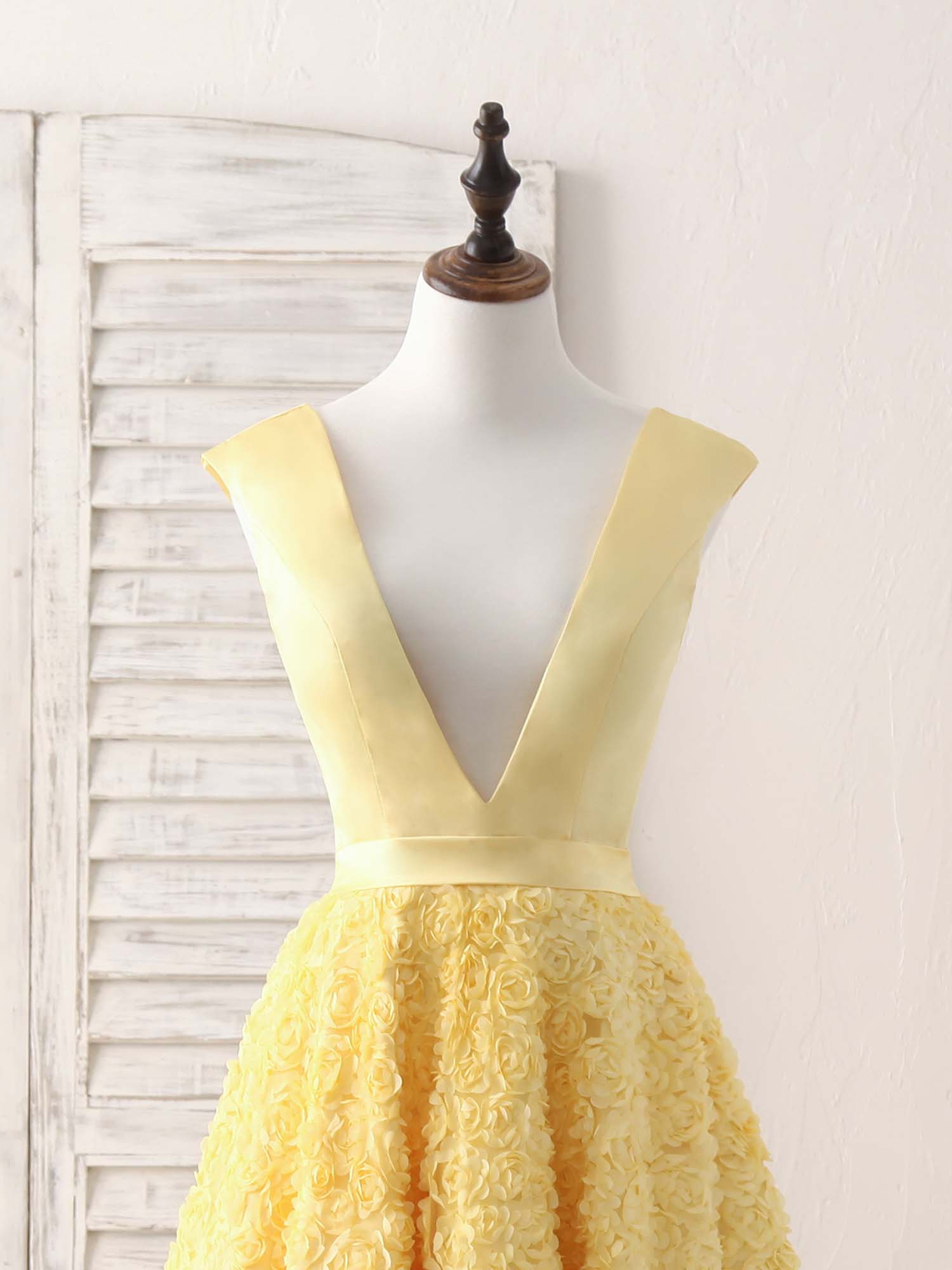 Evening Dress Lace, Yellow V Neck 3D Lace Tea Long Prom Dress, Yellow Evening Dress