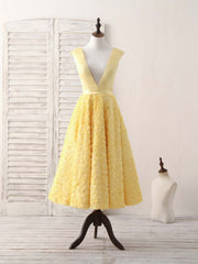 Evening Dress V Neck, Yellow V Neck 3D Lace Tea Long Prom Dress, Yellow Evening Dress