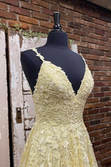 Bridesmaids Dresses Long, Yellow V-Neck Lace Long Prom Dress, A-Line Spaghetti Straps Evening Dress
