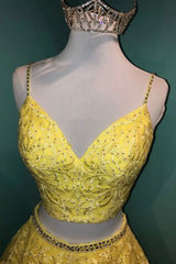 Prom Dresses Aesthetic, Yellow V-Neck Lace Long Prom Dress, Two Pieces Evening Graduation Dress