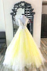 Bridesmaid Dress On Sale, Yellow v neck tulle lace long prom dress yellow formal dress