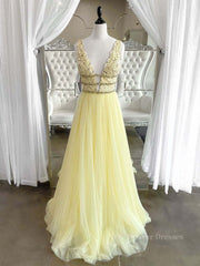 Homecoming Dresses For Middle School, Yellow v neck tulle lace long prom dress, yellow tulle lace evening dress