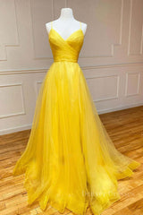 Formal Dresses Over 73, Yellow v neck tulle long prom dress yellow formal dress