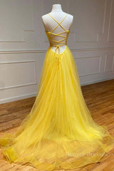 Formal Dresses For Winter Wedding, Yellow v neck tulle long prom dress yellow formal dress