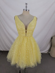 Bridesmaid Dresses Ideas, Yellow V Neck Tulle Sequin Short Prom Dress, Yellow Tulle Homecoming Dress
