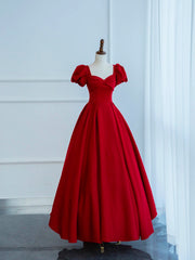 Formals Dresses Short, Dark Red Satin Long Prom Dress, A-Line Short Sleeve Evening Party Dress