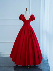 Formal Dress Fall, Dark Red Satin Long Prom Dress, A-Line Short Sleeve Evening Party Dress