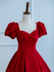 Formall Dresses Short, Dark Red Satin Long Prom Dress, A-Line Short Sleeve Evening Party Dress
