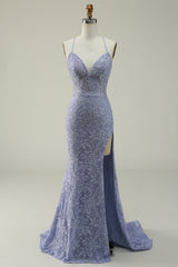 Summer Dress, Halter Mermaid Purple Lace Long Prom Dress