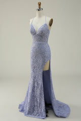 Prom Dress Black Girl, Halter Mermaid Purple Lace Long Prom Dress